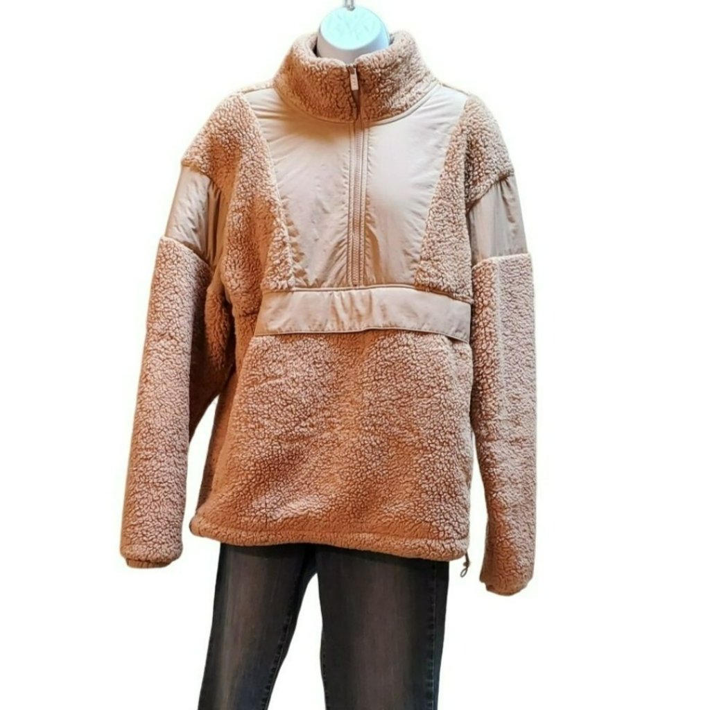 Pink Victoria's Secret Pink Peach Sherpa Fleece Fluffy Long Sleeve Half Zip Pull